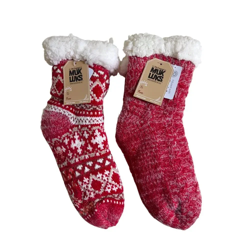 NWT Muk Lucks Women's 2 Pair Pack Chenille Cabin Socks (Red/White)- S/M